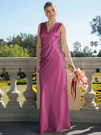 Satin Simple V Neck Long Bridesmaid Dresses