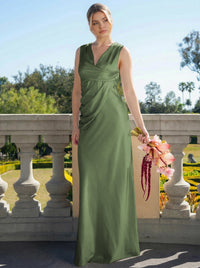 Satin Simple V Neck Long Bridesmaid Dresses