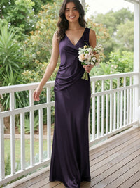 Satin Mermaid V Neck Long Bridesmaid Dresses