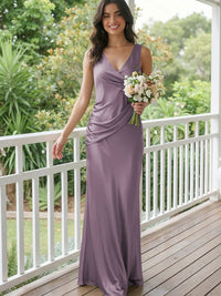 Satin Mermaid V Neck Long Bridesmaid Dresses