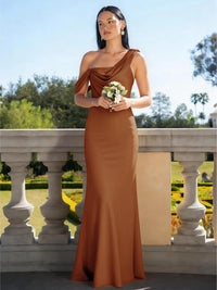 Satin Mermaid Asymmetric Neck Long Bridesmaid Dresses