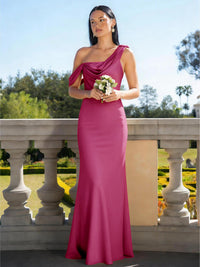 Satin Mermaid Asymmetric Neck Long Bridesmaid Dresses