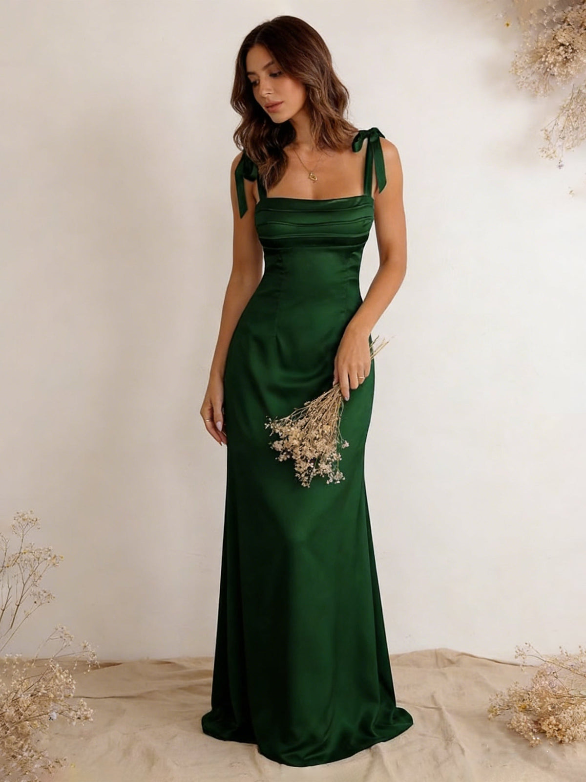 Satin Pleated Spaghetti Straps Mermaid Maxi Bridesmaid Dresses