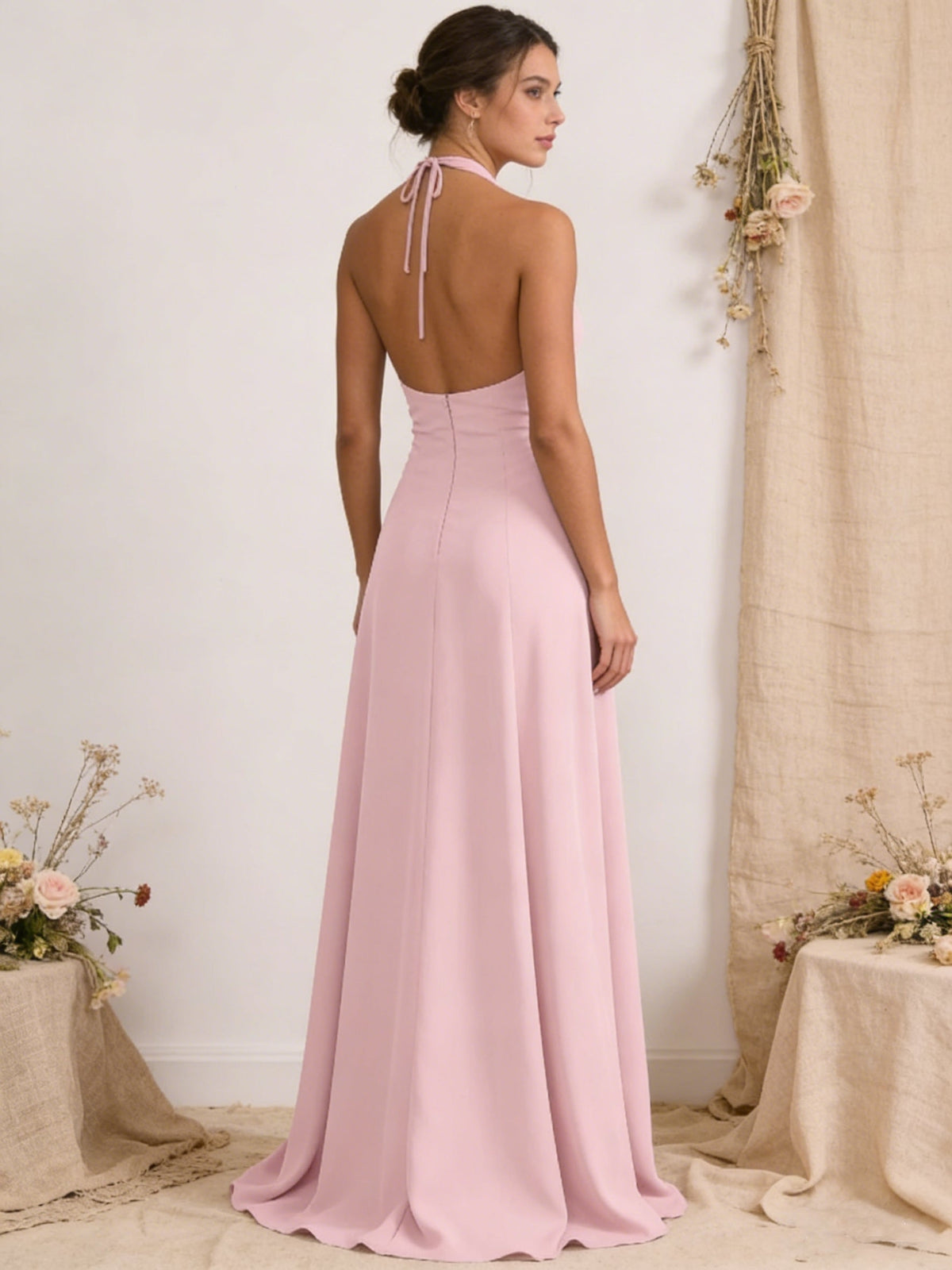 Satin Pleated Halter A Line Maxi Bridesmaid Dresses with Slit