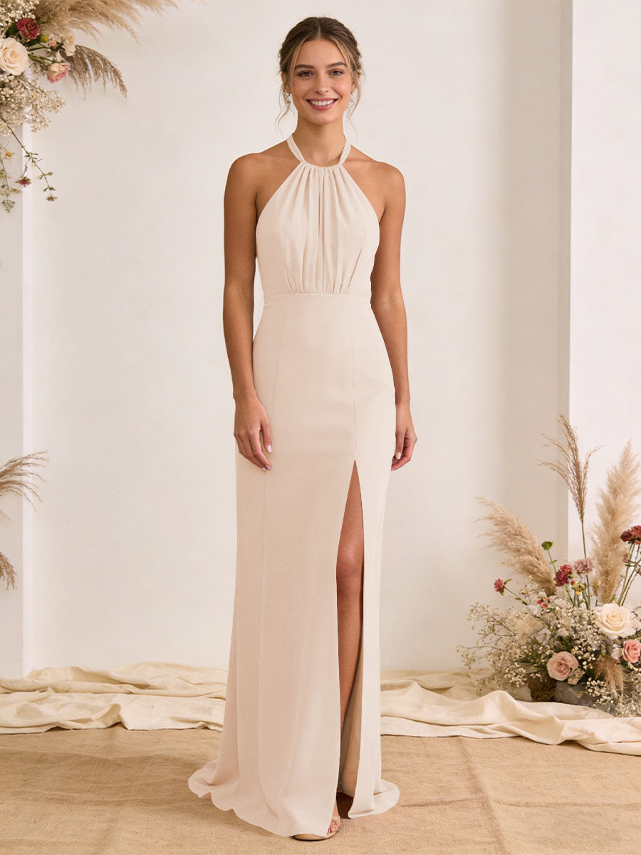 Satin Pleated Halter A Line Maxi Bridesmaid Dresses with Slit
