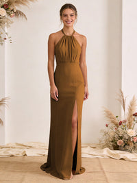 Satin Pleated Halter A Line Maxi Bridesmaid Dresses with Slit