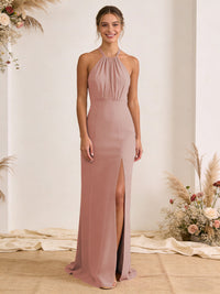 Satin Pleated Halter A Line Maxi Bridesmaid Dresses with Slit