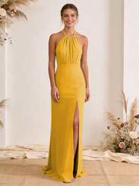 Satin Pleated Halter A Line Maxi Bridesmaid Dresses with Slit