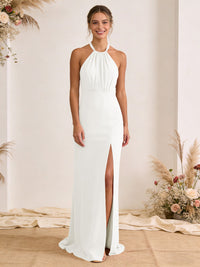 Satin Pleated Halter A Line Maxi Bridesmaid Dresses with Slit