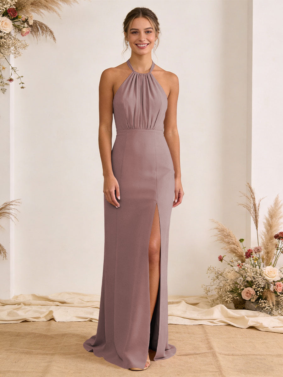 Satin Pleated Halter A Line Maxi Bridesmaid Dresses with Slit