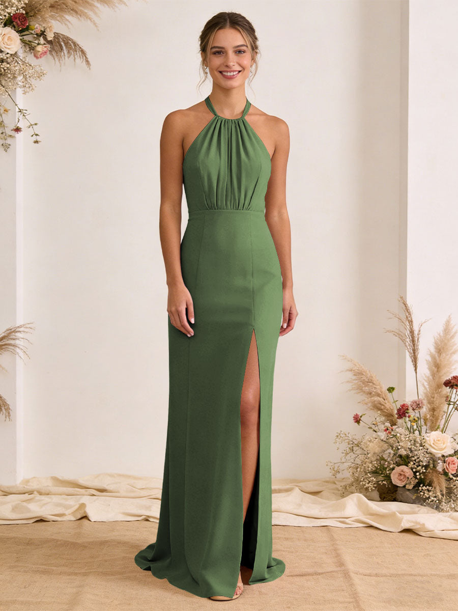 Satin Pleated Halter A Line Maxi Bridesmaid Dresses with Slit