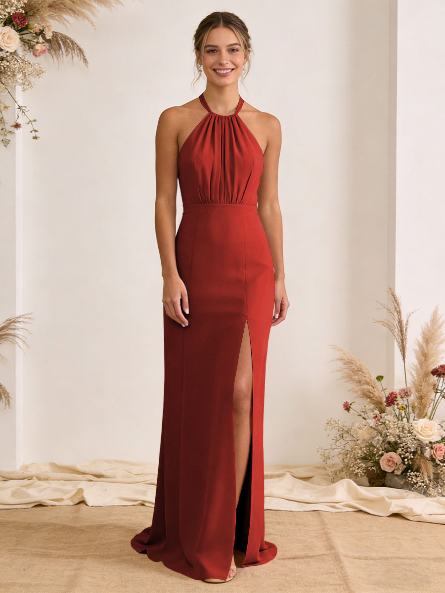 Satin Pleated Halter A Line Maxi Bridesmaid Dresses with Slit