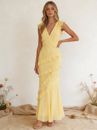 Chiffon Ruffled V Neck Mermaid Maxi Bridesmaid Dresses with Backless Design