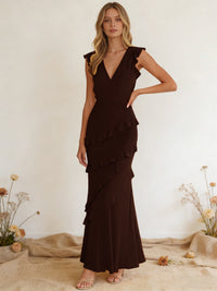 Chiffon Ruffled V Neck Mermaid Maxi Bridesmaid Dresses with Backless Design