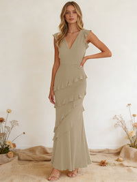 Chiffon Ruffled V Neck Mermaid Maxi Bridesmaid Dresses with Backless Design