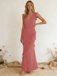 Chiffon Ruffled V Neck Mermaid Maxi Bridesmaid Dresses with Backless Design