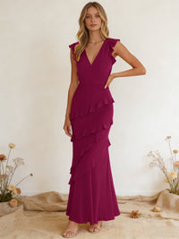 Chiffon Ruffled V Neck Mermaid Maxi Bridesmaid Dresses with Backless Design