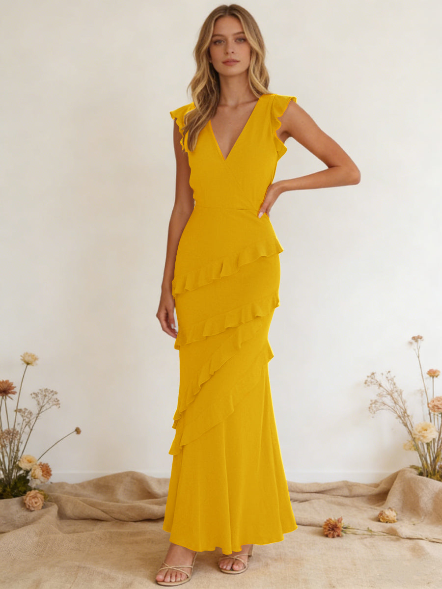 Chiffon Ruffled V Neck Mermaid Maxi Bridesmaid Dresses with Backless Design