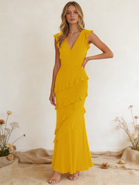 Chiffon Ruffled V Neck Mermaid Maxi Bridesmaid Dresses with Backless Design