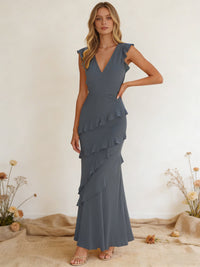 Chiffon Ruffled V Neck Mermaid Maxi Bridesmaid Dresses with Backless Design