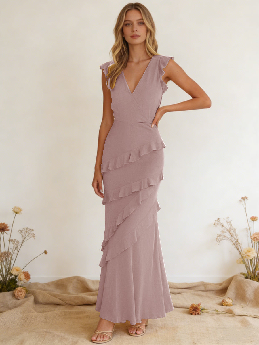 Chiffon Ruffled V Neck Mermaid Maxi Bridesmaid Dresses with Backless Design