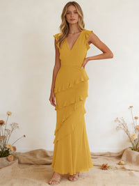 Chiffon Ruffled V Neck Mermaid Maxi Bridesmaid Dresses with Backless Design