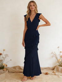 Chiffon Ruffled V Neck Mermaid Maxi Bridesmaid Dresses with Backless Design