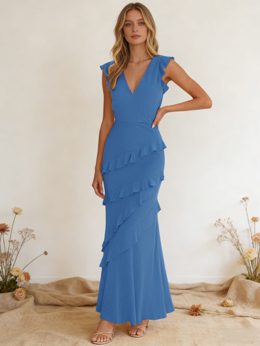Chiffon Ruffled V Neck Mermaid Maxi Bridesmaid Dresses with Backless Design