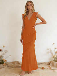 Chiffon Ruffled V Neck Mermaid Maxi Bridesmaid Dresses with Backless Design