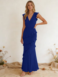 Chiffon Ruffled V Neck Mermaid Maxi Bridesmaid Dresses with Backless Design