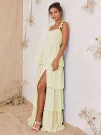 Chiffon Ruffled Tiered A Line Maxi Bridesmaid Dresses with Slit