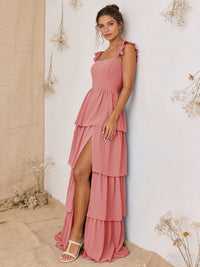 Chiffon Ruffled Tiered A Line Maxi Bridesmaid Dresses with Slit