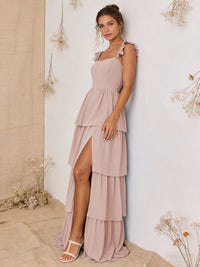 Chiffon Ruffled Tiered A Line Maxi Bridesmaid Dresses with Slit