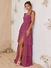 Chiffon Ruffled Tiered A Line Maxi Bridesmaid Dresses with Slit