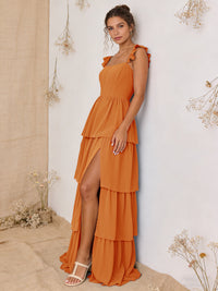 Chiffon Ruffled Tiered A Line Maxi Bridesmaid Dresses with Slit