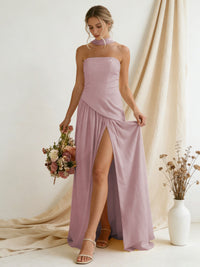 Chiffon Strapless High Slit Maxi Bridesmaid Dresses with Scarf