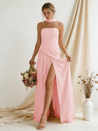 Chiffon Strapless High Slit Maxi Bridesmaid Dresses with Scarf