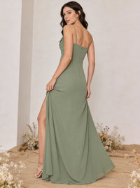 Chiffon Spaghetti Straps Cowl Neck Maxi Bridesmaid Dresses with Slit