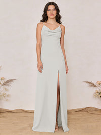 Chiffon Spaghetti Straps Cowl Neck Maxi Bridesmaid Dresses with Slit