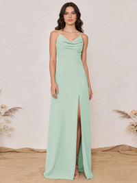 Chiffon Spaghetti Straps Cowl Neck Maxi Bridesmaid Dresses with Slit