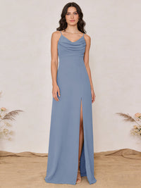Chiffon Spaghetti Straps Cowl Neck Maxi Bridesmaid Dresses with Slit