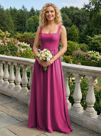 Chiffon Square Neck Maxi Bridesmaid Dresses with Backless