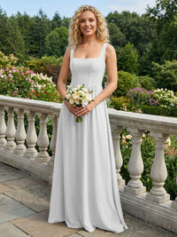 Chiffon Square Neck Maxi Bridesmaid Dresses with Backless