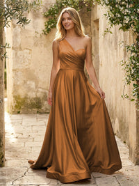 Satin A Line One Shoulder Princess Corset Bridesmaid Dresses