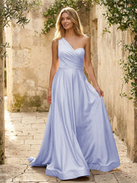 Satin A Line One Shoulder Princess Corset Bridesmaid Dresses