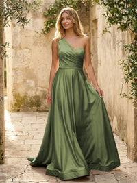 Satin A Line One Shoulder Princess Corset Bridesmaid Dresses
