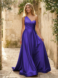 Satin A Line One Shoulder Princess Corset Bridesmaid Dresses