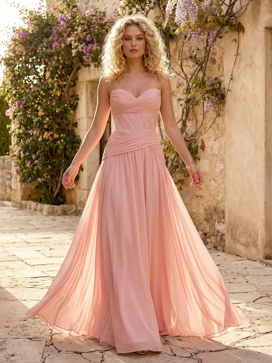 Chiffon A Line Sweetheart Pleated Corset Bridesmaid Dresses