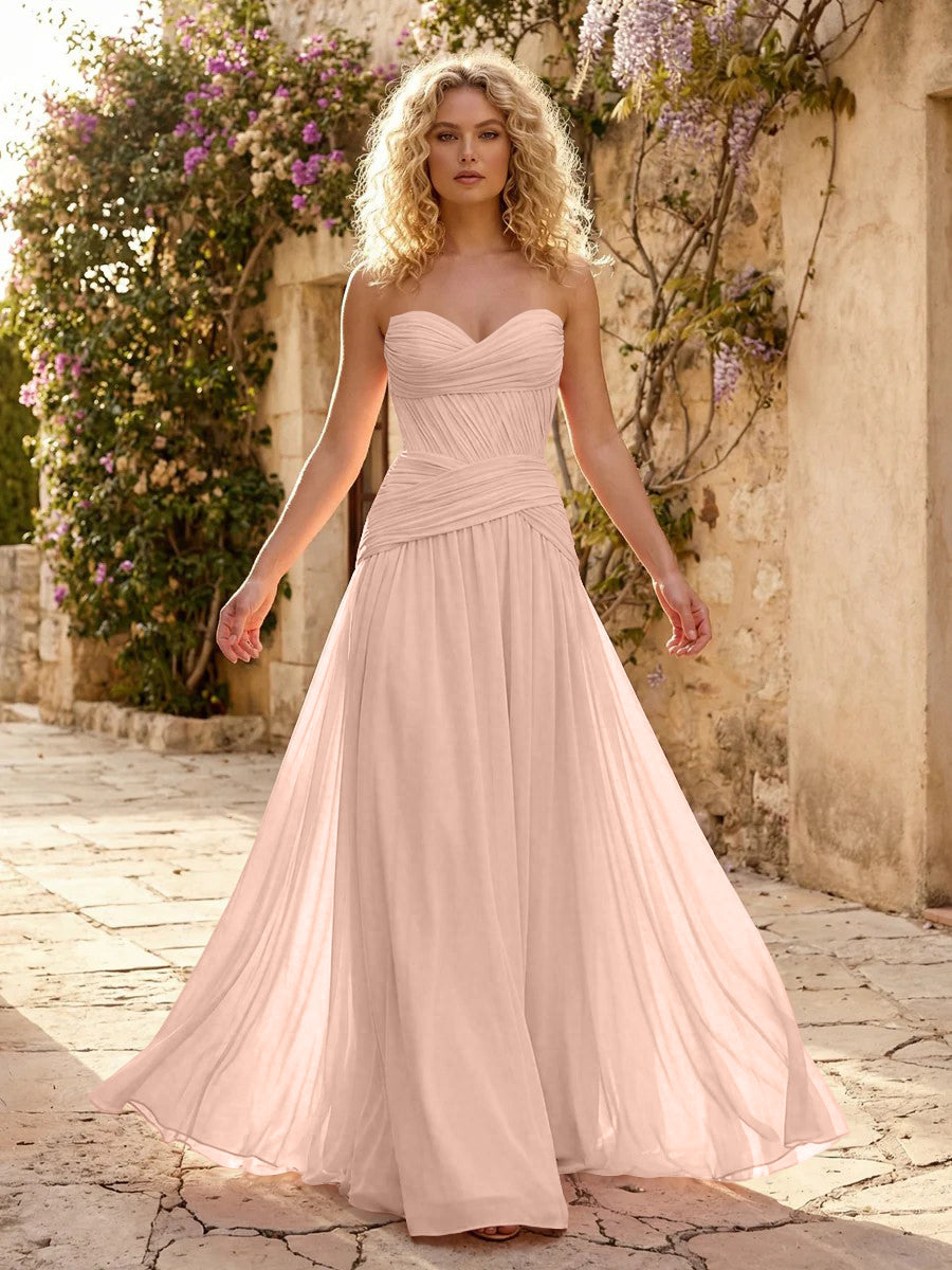 Chiffon A Line Sweetheart Pleated Corset Bridesmaid Dresses