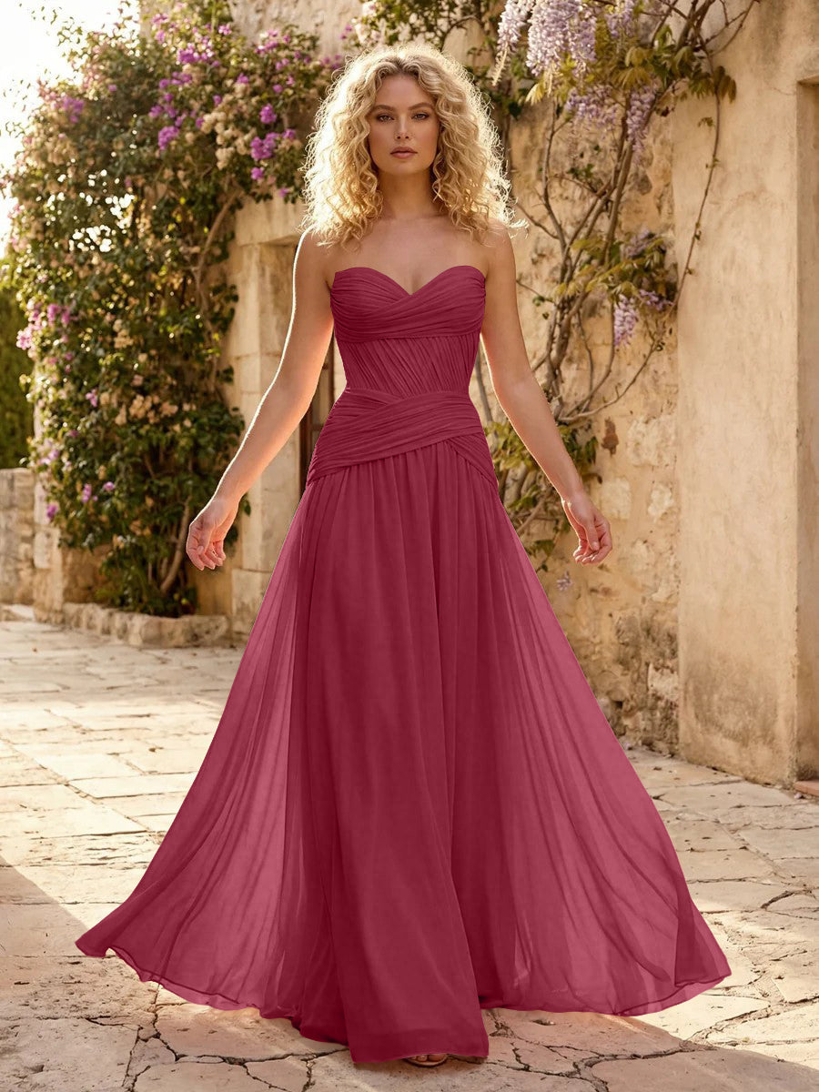 Chiffon A Line Sweetheart Pleated Corset Bridesmaid Dresses